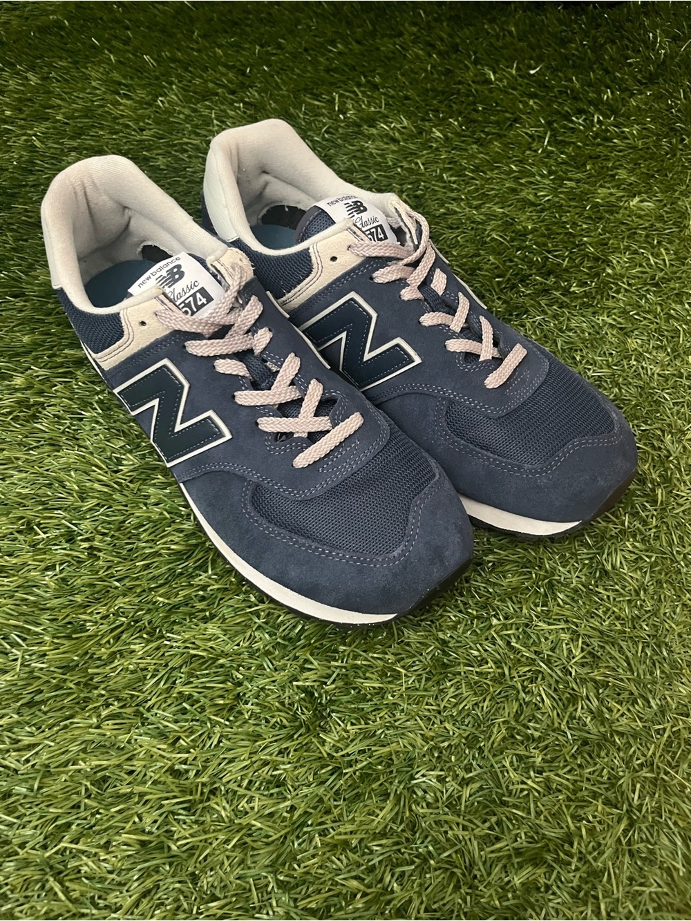 New Balance navy and light gray suede mesh sneakers